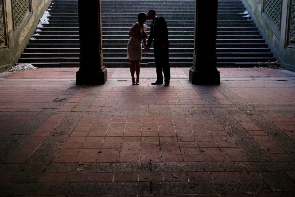 Bethesda Terrace wedding couple kissing under the arcade