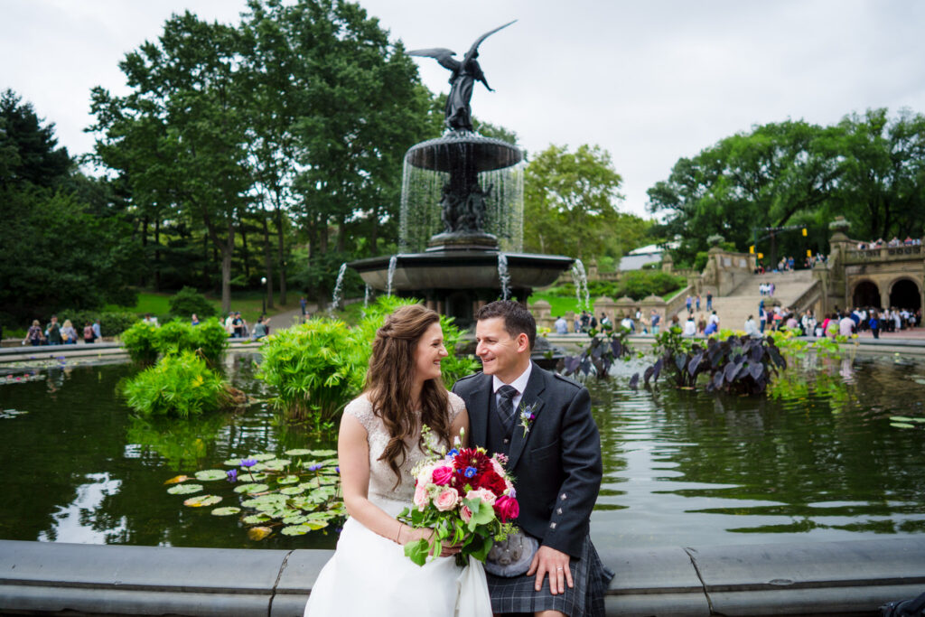 Wedding couple at Central Park's Bethesda Fountain